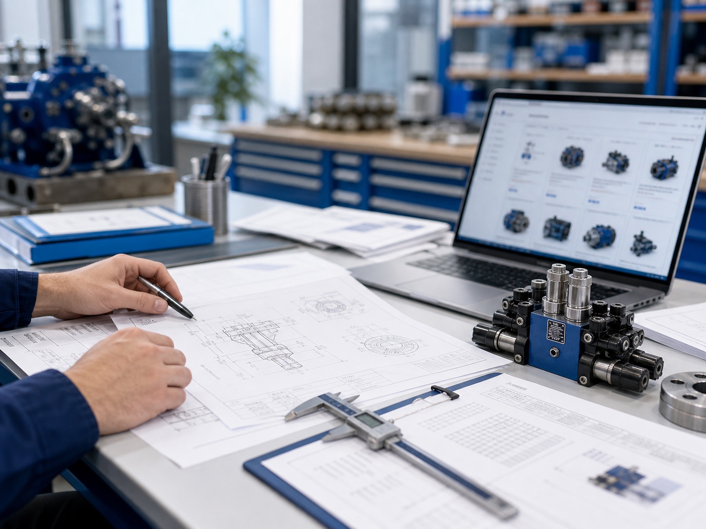 Technical documents, catalog data and a hydraulic component on an engineer workbench.