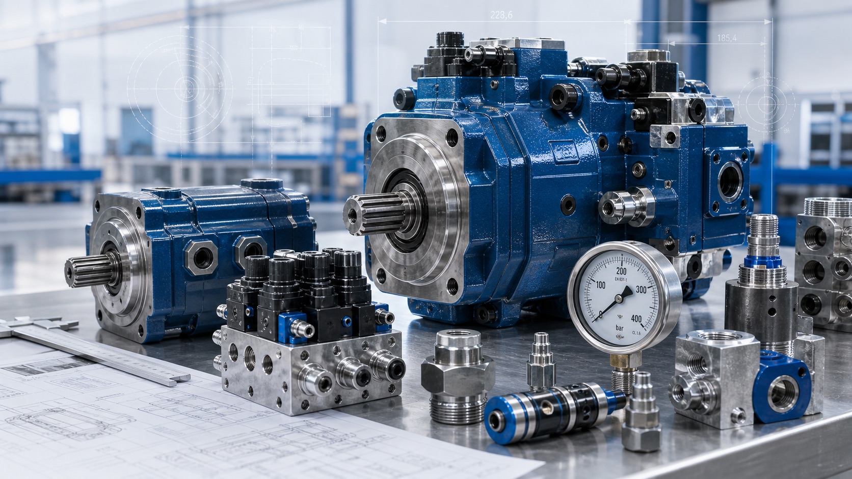 Hydraulic pumps, valves and pressure components arranged for technical sourcing.