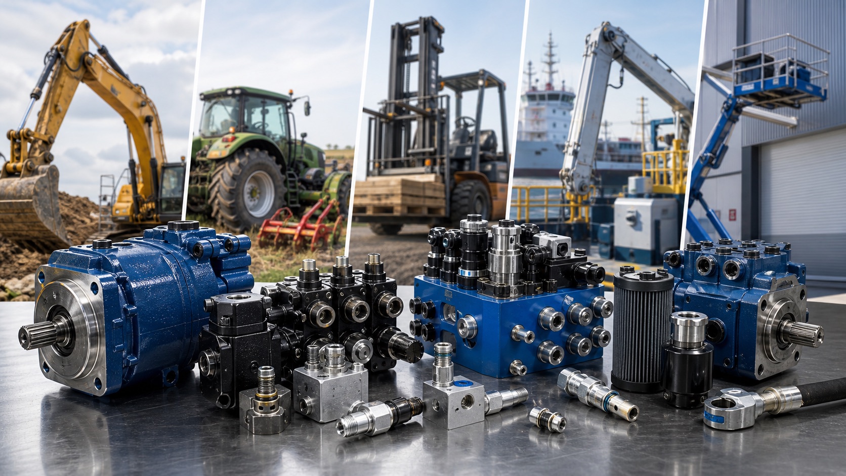 Hydraulic components shown with mobile machinery application contexts.